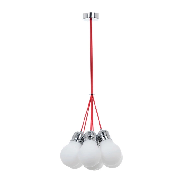 Bulb Pendant Lamp 7xE27 Max.60W Chrome Metal/Red Fabric Cable/White Glass 2810728