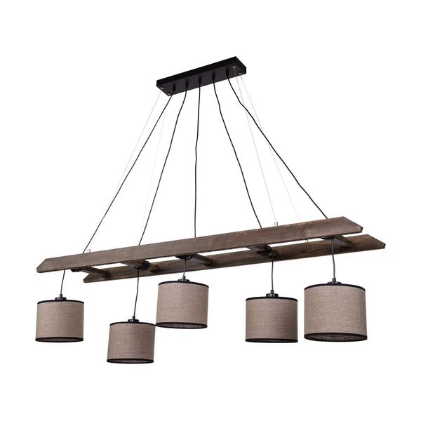Eskalo Pendant Lamp 5xE27 Max.25W Stained Pine on Walnut/Black Metal/Black PVC Cable/Natural Linen with black ribbon Shade 7739556