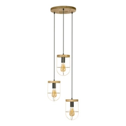Lampa Wisząca Netuno 3xE27 Max.60W Bejcowana Sosna Brązowa/Czarny Metal/Czarny Kabel PCV/Złoty Metal 1811059351R