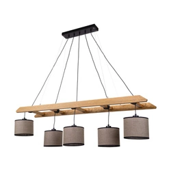 Lampa wisząca Eskalo 5xE27 maks. 25W barwiona sosna brązowa/czarny metal/czarny kabel PVC/naturalny len z czarnym kloszem wstążkowym 7739551