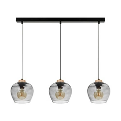 Lampa Wisząca Praia 3xE27 Maks. 60W Dąb Olejowany/Czarny Metal/Czarny Kabel PCV/Szkło Dymne 5500060